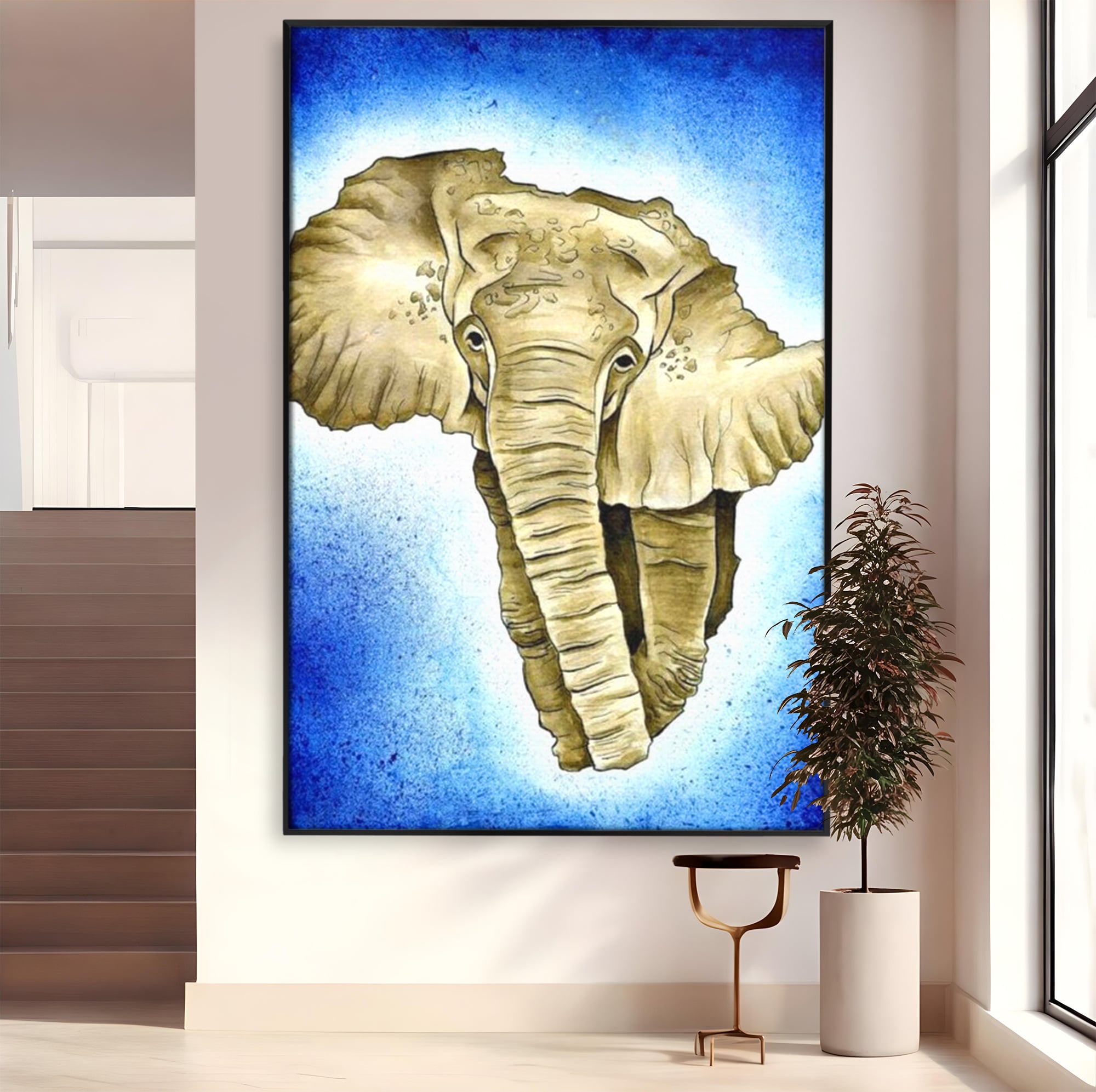 Tablou canvas cu tablou canvas cu cap de elefant, in rama de aluminiu negru